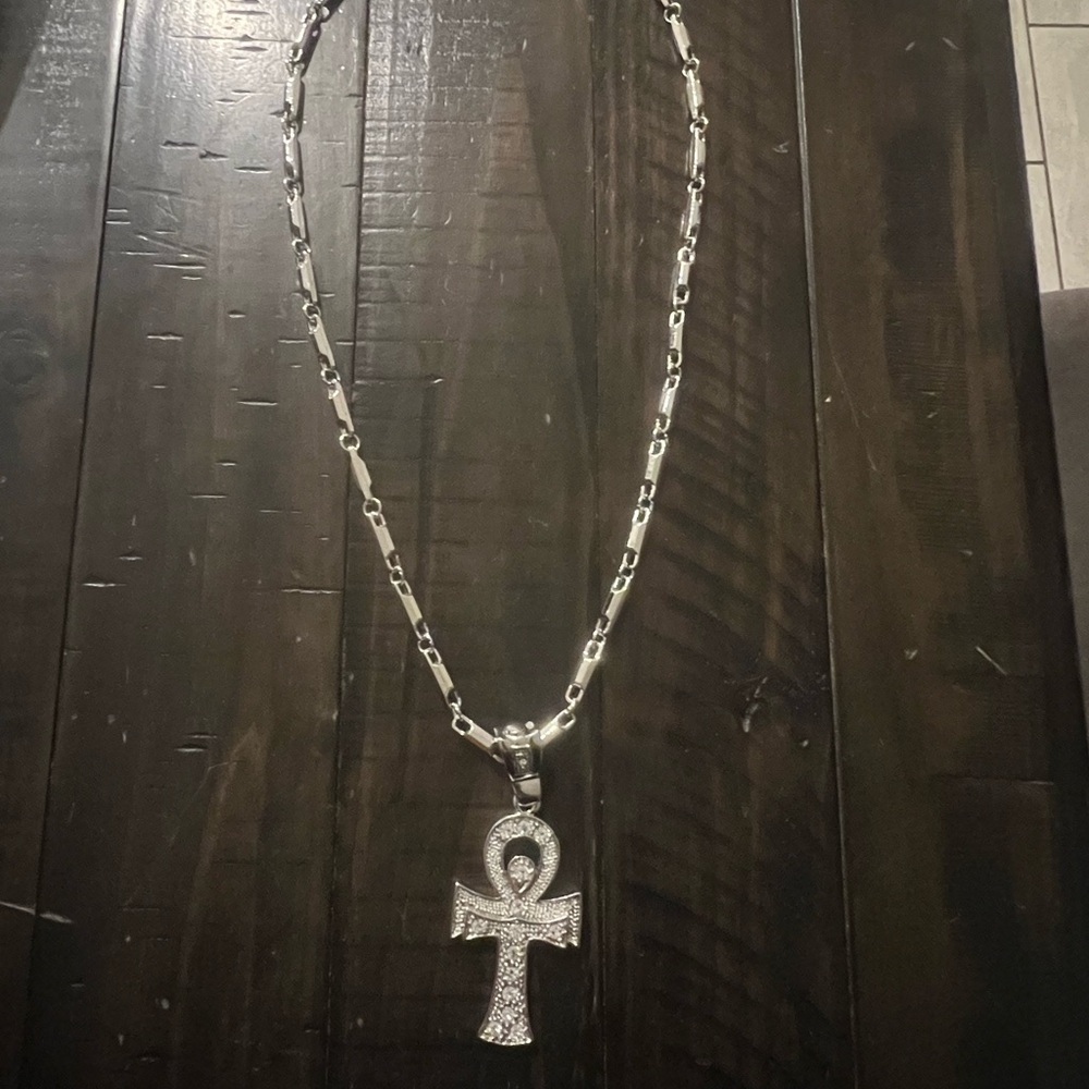 Men Women EXTRA LARGE Steel Cross Pendant Necklace with Cubic Zirconia, 30 in...